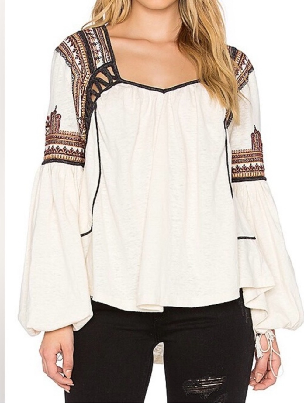 Free People Cream Boho Pheasant Style Black Open Crochet Long Sleeve Top Sz XS